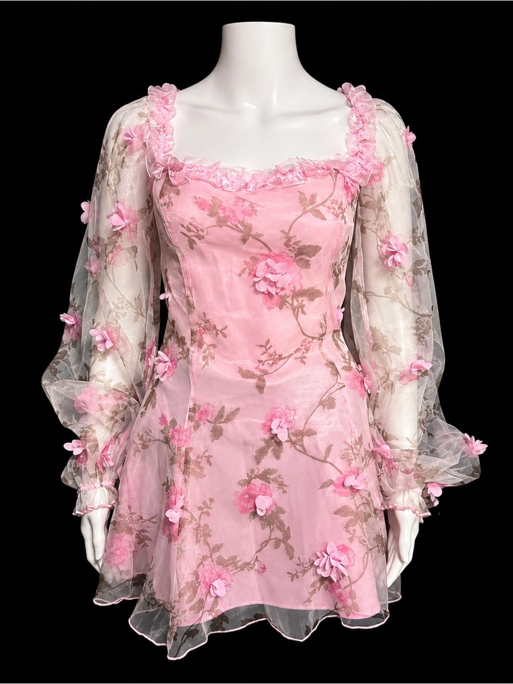 Sugar Thrillz by Dolls Kill Pink 3D Floral Sheer Puff Sleeve Top XS